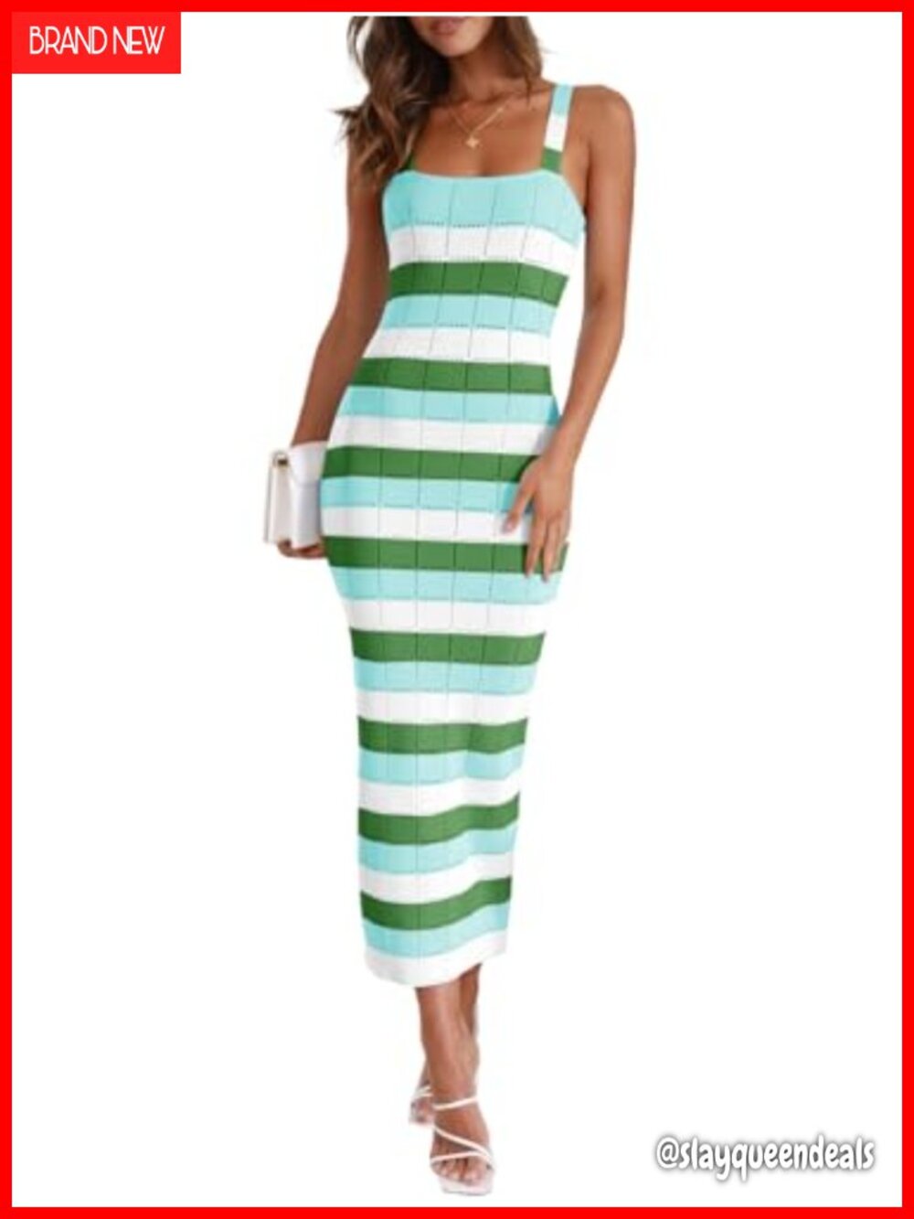 Striped Bodycon Midi Dress Sleeveless Square Neck Color Block Knit Summer Tank